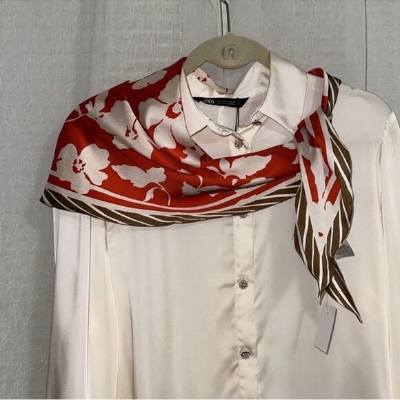 Ann Taylor Medium Ivory Bloody Orange Brown White Floral Scarf - Picture 4 of 7